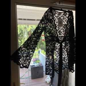 Cabi Black Lace Bell Sleeve Silk Tie Waist, Sweater Sz M, NWT